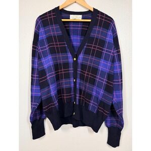 Clark Gregory Cardigan Mens XL Blue Plaid Merino Wool Golf Sweater Scotland